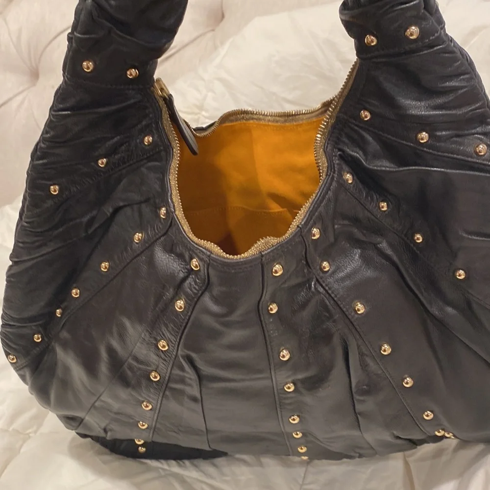 GOLDENBLEU black leather purse semi circular bag with gold tone studs all over